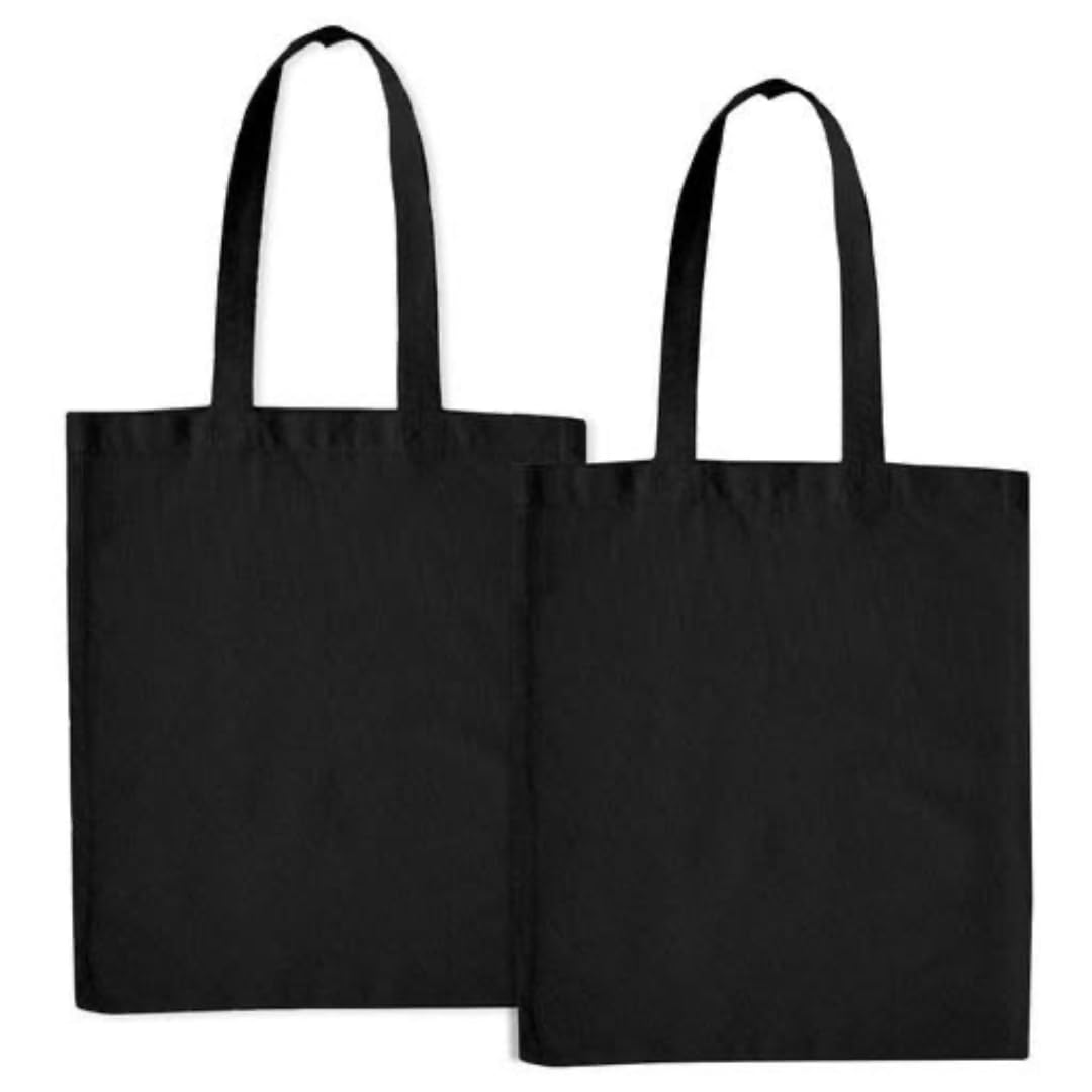 CrownLit Large Cotton Tote Bag, 16 x 14.5, Holds Up to 15-20kg, 300GSM Thick Fabric Quality. Multiple Uses, Sets of 2, Black