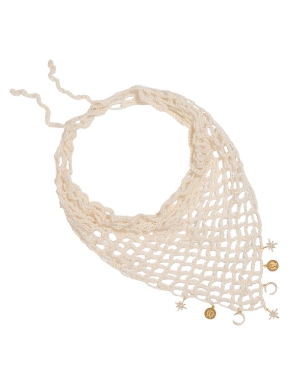 Hair Drama Co. Boho Crochet Scarf with Celestial Charms For Women | Small Size Off White Crochet Headscarf | Bohemian Bandana Scarves | Cotton Thread Headband Scarfs for All Seasons