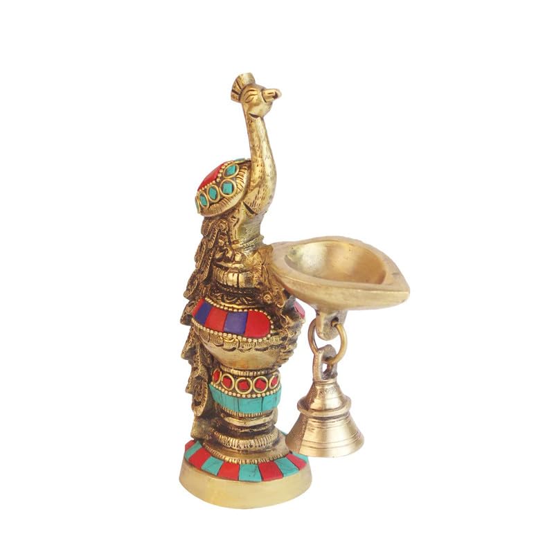 SVARUP Brass Ethnic Carved Peacock Design Brass Diya with Bell, Brass Antique Oil Lamp, Brass Diyas for Home.