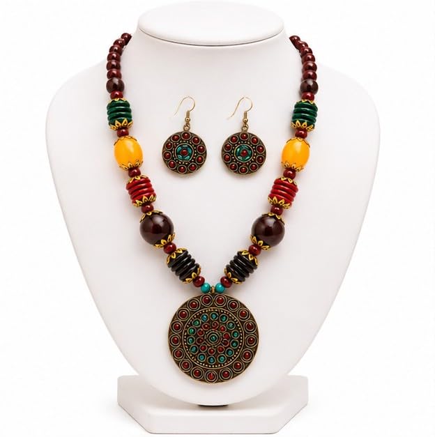 PRIMENEST Handmade Multicolor Afghani Tribal Necklace Set for Women & Girls | Antique Pendant Statement Jewelry with Earrings | Boho Ethnic Fashion Jewellery for Party, Wedding, Festival Traditional