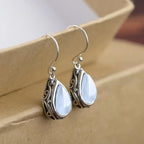 El Regalo Small Vintage Teardrop Earrings for Girls & Women- Elegant Filigree Carved Boho Dangle Earrings, Cut Stone Drop Earrings, Jewelry Gift (White)