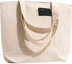 Econest Large Canvas Tote Bag for Women, Beach Bags, Travel Bag with Outer Pockets & Inner Zipper Pocket, Reusable Multi-Purpose Cotton Bags for School/Gym/Shopping/Beach & Groceries, (CREAME)