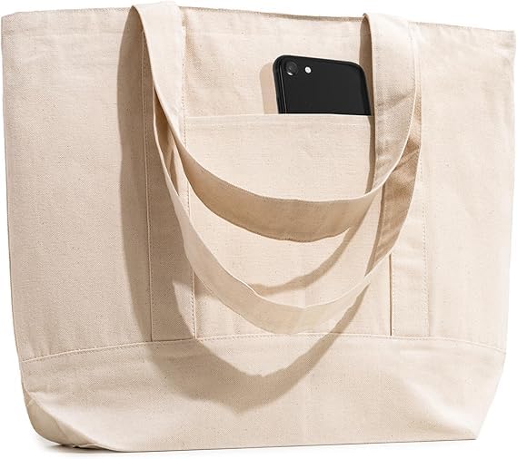 Econest Large Canvas Tote Bag for Women, Beach Bags, Travel Bag with Outer Pockets & Inner Zipper Pocket, Reusable Multi-Purpose Cotton Bags for School/Gym/Shopping/Beach & Groceries, (CREAME)