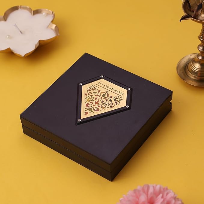 Yantram 3D Jagan Nath Puri Charan Paduka Pocket Temple Frame Box | Gold Plated Jagannath Puri Idol & Divine Charan Paduka | Premium ABS Polymer Foldable Pooja Frame | Home Mandir Decor Gift