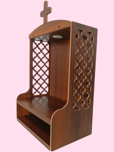 Decorative Wooden Christian Prayer Temple with Cross Carved Panels LED Light and Storage