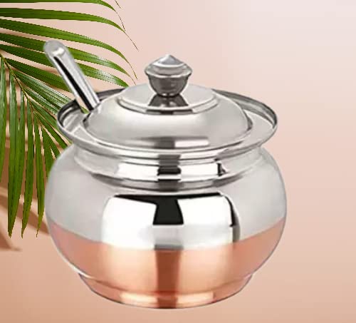 ImegaZ Copper Coated Base Stainless Steel Ghee Pot with Spoon, Oil Jar, Oil Pot, Ghee Serving Jar/Container, Ghee Storage jar with spoon (100ml Pack of 1)