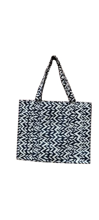 HOUSE OF GULAB Cotton Tote Bag Reusable Shopping Bag Printed Cloth Carry Bag with Long Handle Eco Friendly Grocery Storage Travel Bag for Men & Women 15x18 Inch (Blue & White)