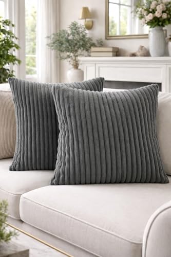 AWARD VELVETS Premium Faux Rabbit Fur Plush Luxury Soft Fluffy Striped Decorative Throw Pillow/Cushion Covers for Sofa, Couch, Living Room - (Dark Grey, 24 x 24 inch) Set of 1