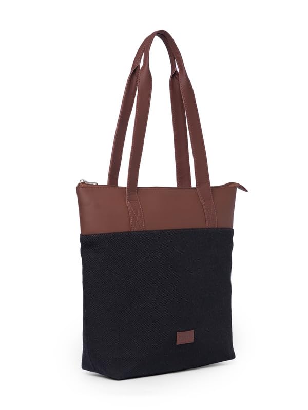 ZOUK Jet Black Solid Printed Women's Jute Handcrafted Vegan Leather Black Everyday Tote