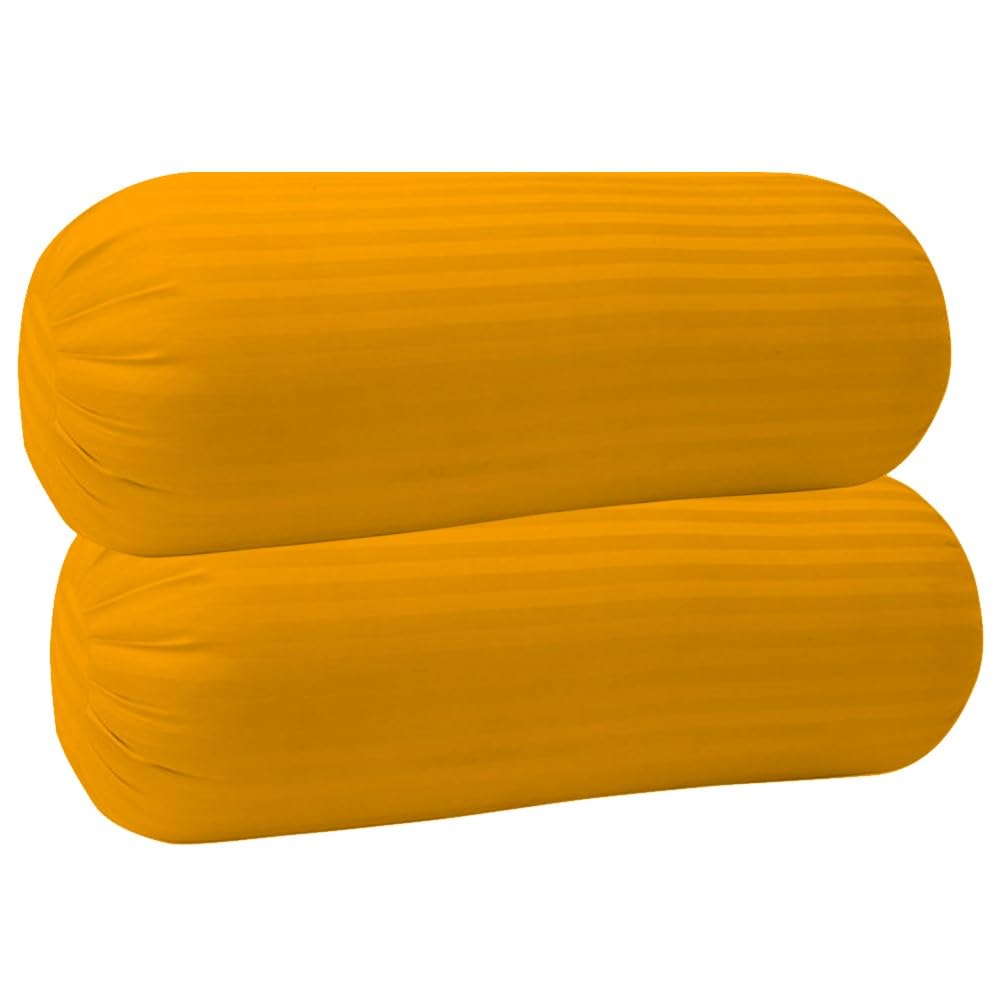 Trance Home Linen 100% Cotton 16X32 Inch 200TC Striped | Round Bed Side Long Bolster Pillow Cover to Fit 24 Length 9 Dia | Pack of 2 Bolster Cover Only (16X32 Inch, Mustard Yellow) 2 Pieces