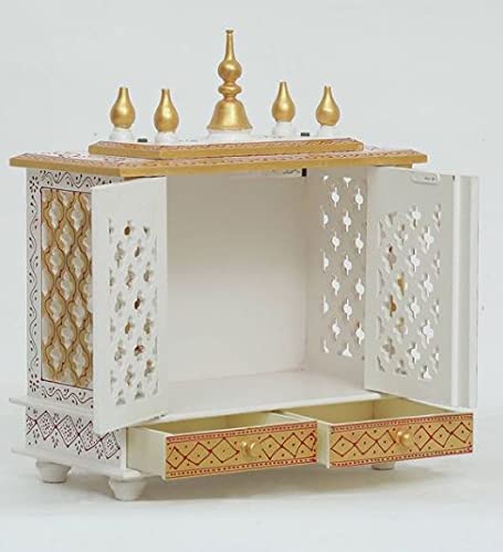 Jodhpur Handicrafts MDF Wood Home Temple Puja Mandir with Storage Wall-Mounted Wooden Mandir Traditional Wooden Pooja Temple (18 inch x 9 inch x 22 inch, White & Golden)