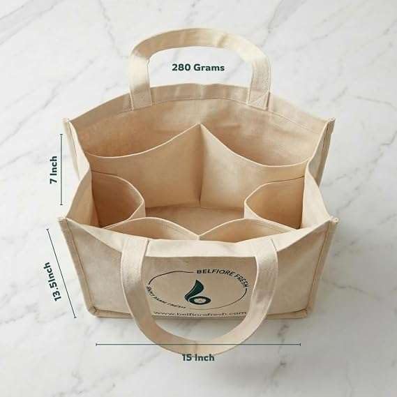 Multipurpose Cotton Canvas Grocery Bag, Heavy Duty Reusable Tote with Compartments, Thick Bottom & Reinforced Carry Handles
