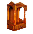 Wooden Home Temple with Drawer, Brown, Traditional Indian Pooja Mandir, Wall or Table Mount