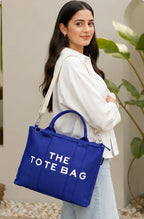 AQVA Printed Cotton Canvas Tote Bag, Navy Blue