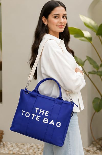 AQVA Printed Cotton Canvas Tote Bag, Navy Blue