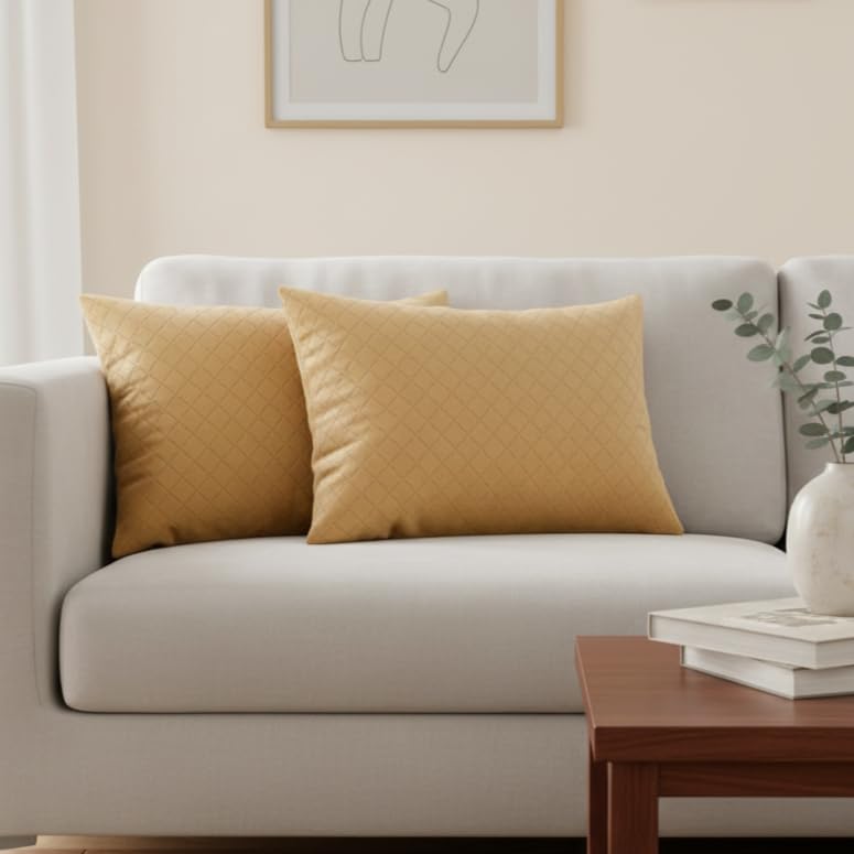 STITCHNEST Quilted Velvet Cushion Covers Set of 2 | Soft Brown | 12x18 Inches | Premium Sofa & Living Room Décor