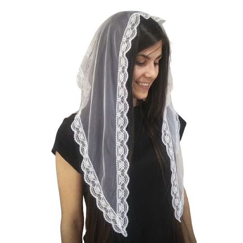 ANNRIA TRADES female Lace Mantilla Veil Triangle Lace Veil Catholic Church Veils Infinity Chapel Veil Tulle Scarf Head Covering Latin Mass Large Church Scarf (Pack Of 1) (Cotton,White)