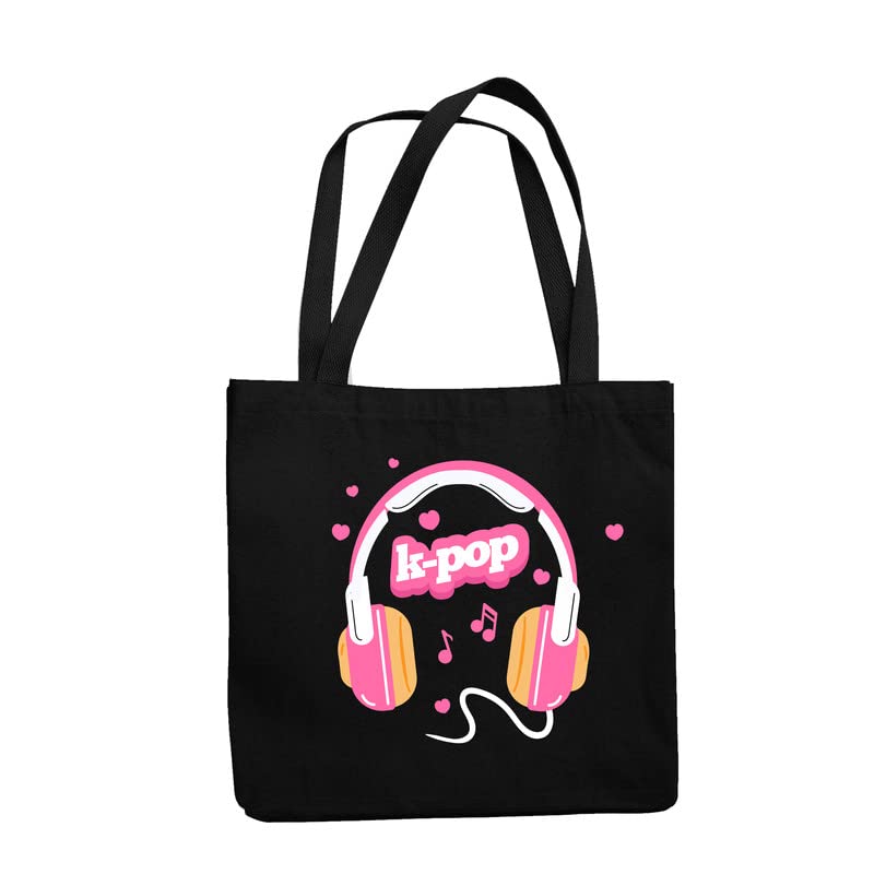 YaYaCafe BTS Printed Canvas Cotton Black Tote Bag with Zipper for Women & Girls