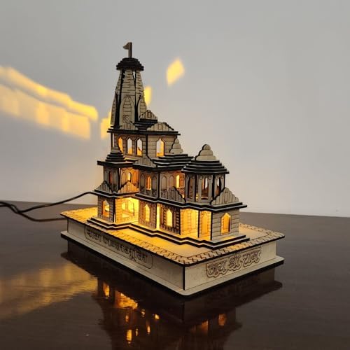 GIFTZORO Jai Shree Ram Mandir Ayodhya Temple Metal Wall Art Wooden 3D Model Handcrafted Decorative Showpiece Showpiece Ram Bhakts Posh Peice Polished Board Hindu Temple Holi Festivals Gift