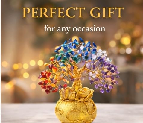 ZAICUS Seven Chakra Crystal Tree Showpiece with Golden Bag Base – Feng Shui Gemstone Bonsai for Home Decor, Office Table & Cororate Gift (7 X 3 Inch)