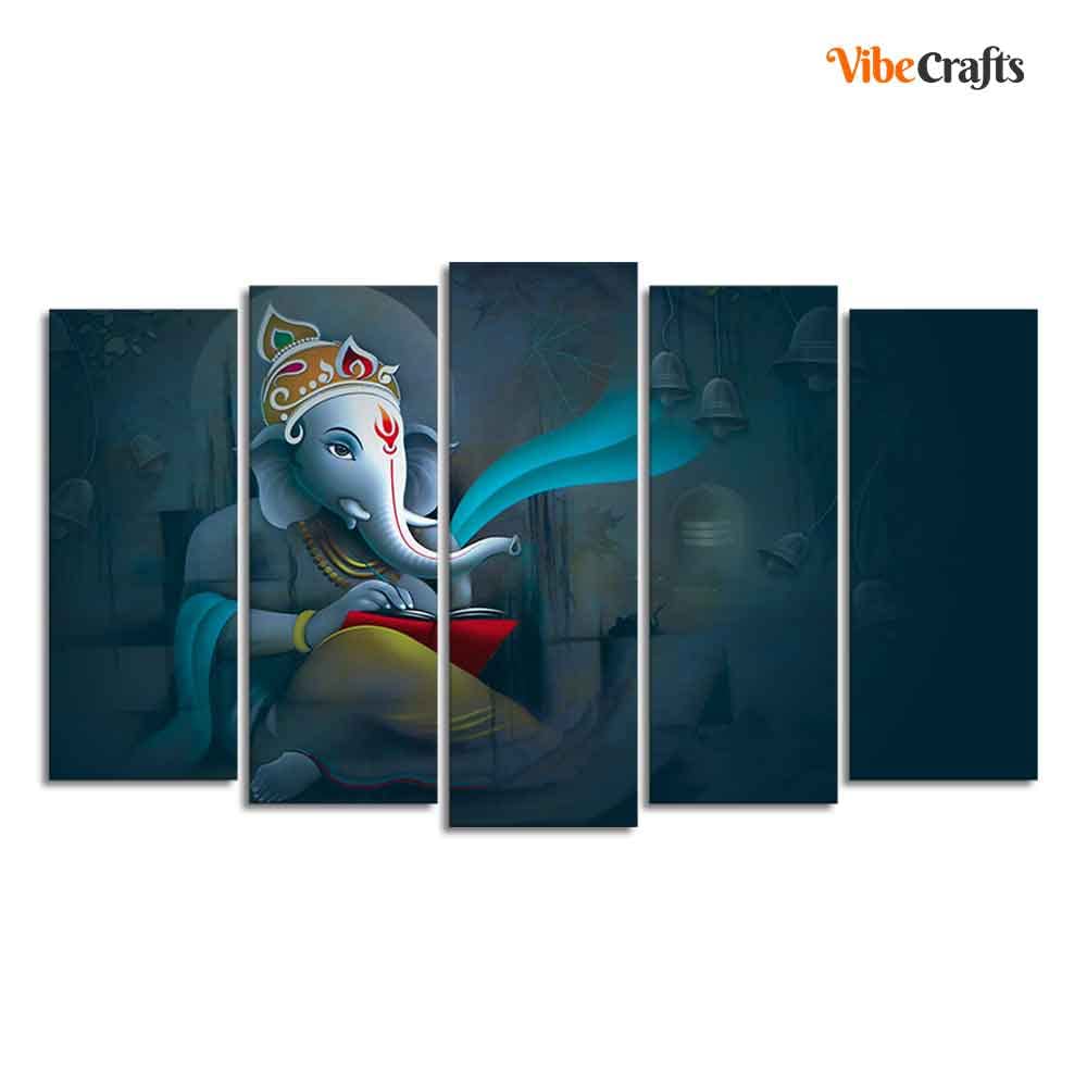 VIBECRAFTS Auspicious Shri Ganpati Canvas Wall Painting of Five Pieces For Home|Office|Living Room|Gift (PTVC5Pcs2_6541)