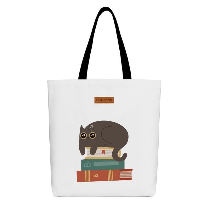 The Purple Tree Eco-Friendly Canvas Tote Bag, Sustainable, Reusable Shopping, Beach, Travel or Everyday Tote, Wide Tote Bag, Cute Cat
