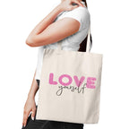Peach Blossom Reusable Tote Bags, 100% Cotton Shopping/Grocery Bag, Multi-Purpose Bag 5kgs Capacity, Single Pack (Cbag_White_Loveurself)