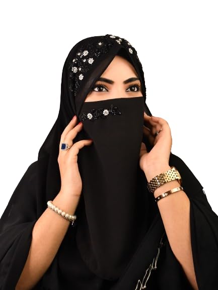 WRAP MY HIJAB Georgette Luxury Bridal Hijab Scarf for Female With Handwork Naqab Wear For Party And Any Occasion (Pack Of 1), Black