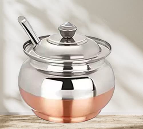 ImegaZ Copper Coated Base Stainless Steel Ghee Pot with Spoon, Oil Jar, Oil Pot, Ghee Serving Jar/Container, Ghee Storage jar with spoon (100ml Pack of 1)