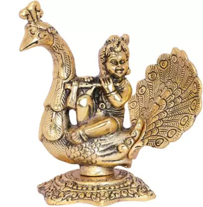 KridayKraft Lord Krishna Sitting on Peacock Metal Statue Krishna Idol Playing Flute Decorative Showpiece - 15 cm (Aluminium, Gold)