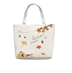 Canvas Tote Bag, Autumn Harvest Print, Large Shoulder Bag, White, Casual Style