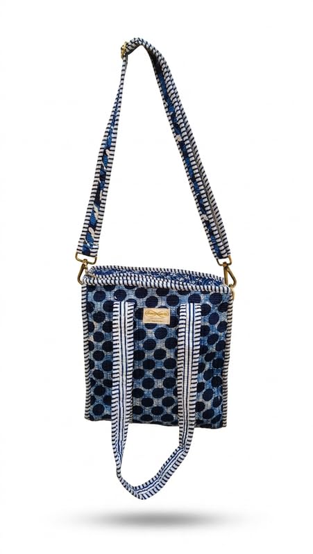 LOOMARTE Quilted Cotton Tote Bag for Women with Shoulder Strap - Blue