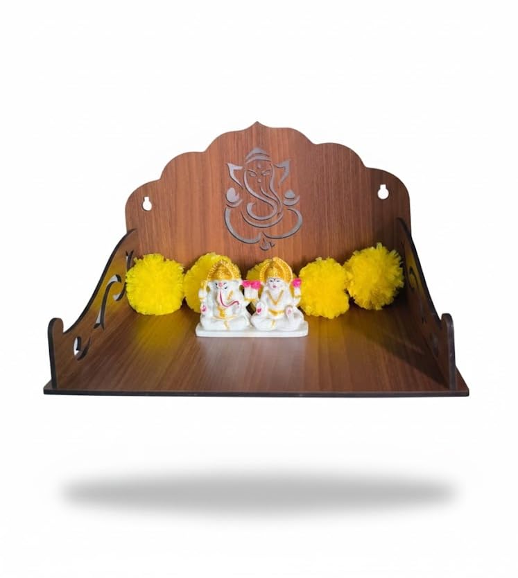 Bindian Wooden Home Temple/Mandir for Wall | Ganesha Motif | Pre-Laminated 4.2mm MDF | Pooja Mandap for Wall Mount & Table Top | Ideal for Small Spaces