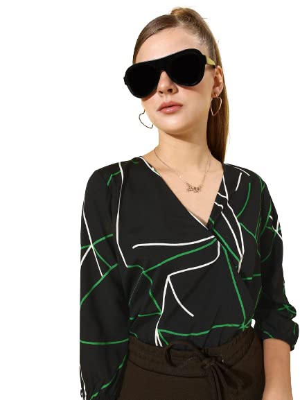 Style Qwuotient Women Black & Green Geometric Print Wrap Top