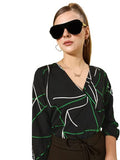 Style Qwuotient Women Black & Green Geometric Print Wrap Top