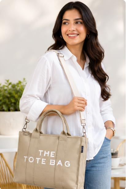 AQVA Printed Cotton Canvas Tote Bag with Detachable Sling Strap for Women | Large Capacity | Stylish Multipurpose Handbag with Zipper | Shoulder Bag for Laptop, Office & Travel (Kraft)