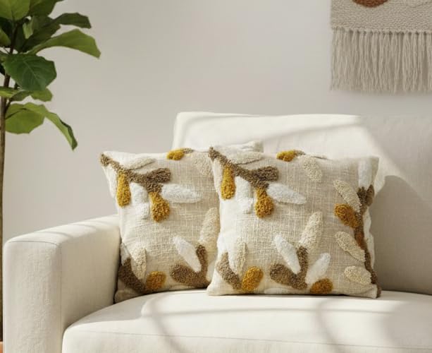 Furnistitchs Premium Decorative Throw Cushion Pillow Cover Boho Home Decor - Living Room Bedroom Couch Sofa Cushion Covers 16 inch x 16 inch (2, Cream Leaves)