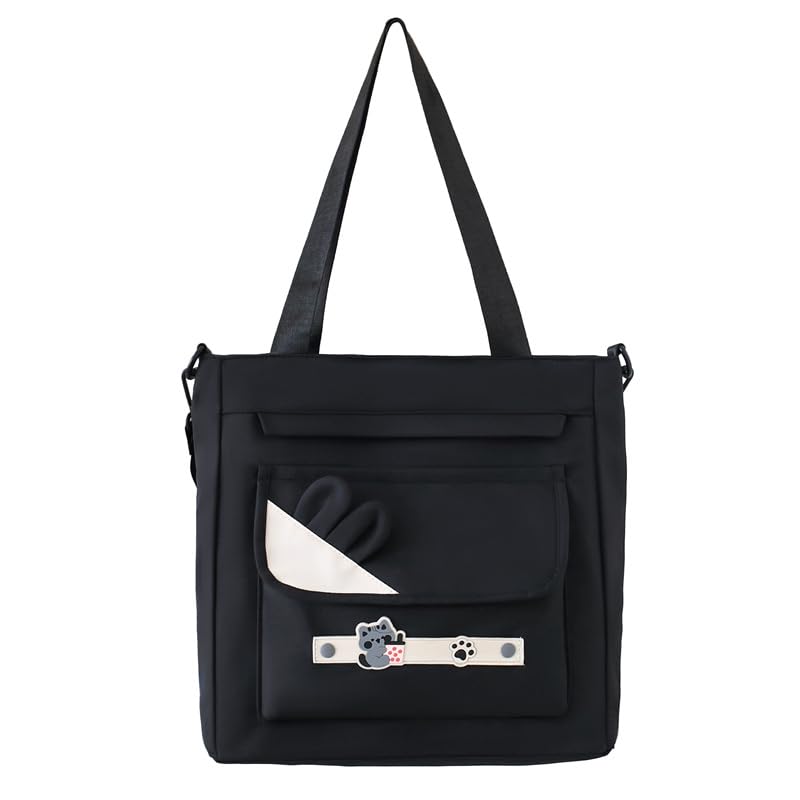 Valerie Large Tote Bag with Crossbody Strap for Women – Cute Cat Charm Canvas Shoulder Bag, Multi-Pocket Lightweight Handbag for School, College Work Shopping (Black)
