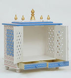 Jodhpur Handicrafts MDF Wood Home Temple Puja Mandir Home Temple Pooja Mandir with Door Pooja Room Stand (18 inch x 9 inch x 22 inch, White & Blue)