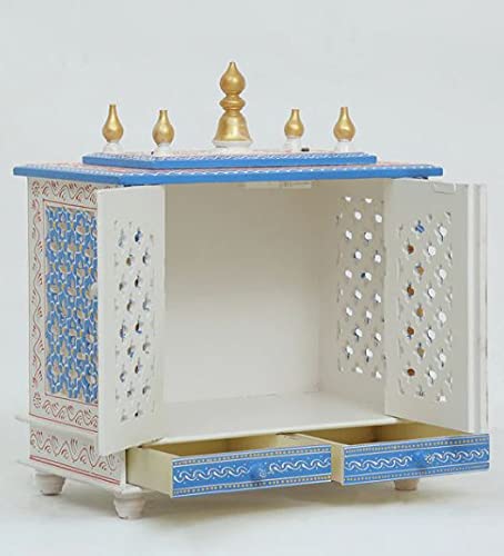 Jodhpur Handicrafts MDF Wood Home Temple Puja Mandir Home Temple Pooja Mandir with Door Pooja Room Stand (18 inch x 9 inch x 22 inch, White & Blue)