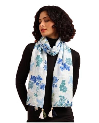 tweedle Pure Cotton Summer Scarf for Women,soft, Printed, Breathable Stole for Sun and Wind Protection - Offwhite/Blue