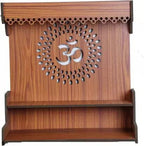 HM Om Pooja Wooden Mandir for Home Wall Mounted | Wood Puja Home Temple with Double Shelf for Storage and God Idols Decoration for Living Room, Bedroom and Office