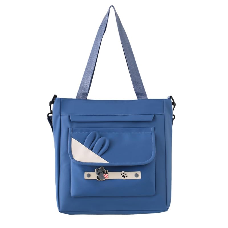 Valerie Large Tote Bag with Crossbody Strap for Women – Cute Cat Charm Canvas Shoulder Bag, Multi-Pocket Lightweight Handbag for School, College Work Shopping (Blue)
