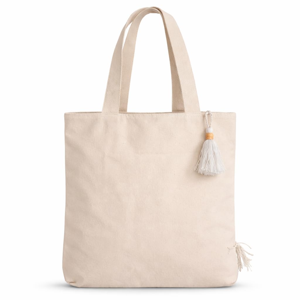 PUMITOWN Tote Bag for Women, Boho Woven Canvas Shoulder Bag with Tassel & Fringe Detail, Greenish-Blue Striped Handbag, Eco-Friendly, Large Capacity, 16x15 Inches (Beige)