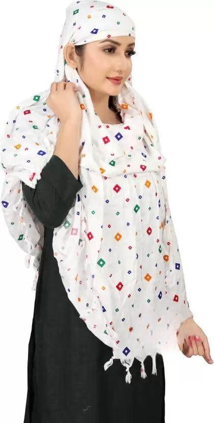 Navvi Pure Cotton Printed White Scarf for Women & Girls | Scarf with Head Cover | Scarves |Bandana| Hijab | Dupatta | Protection from Sunlight, Dust | Usable for Scooty, Bike