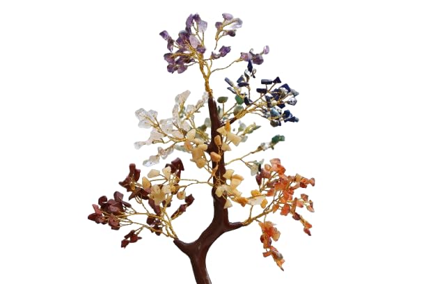 JABRESHWAR CRYSTAL Natural 7 Chakra Layered Golded Wire l Stone Tree for Vastu 300 Beads Reiki Healing Crystal Multicolor Good Luck Tree for Home Decor (Medium Height 10-12 Inch)