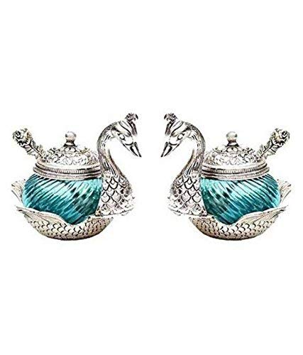 Prince Home Decor & Gifts Metal Home Decor Duck Shape Sky Blue Colored Glass Bowl Tray Set (Silver Blue SP)