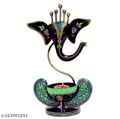 Handpainted Ganesha Tealight Candle Stand Iron Multicolor 11 Inch