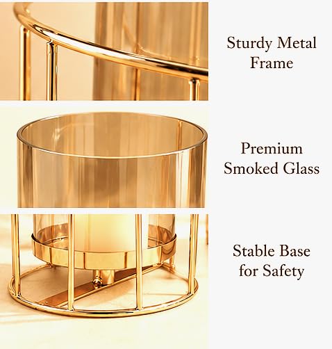 Modern Gold Metal & Glass Candle Holder | Decorative Hurricane Lantern with Spiral Frame | Tealight & Pillar Candle Stand for Home Decor, Living Room, Dining Table & Gifting