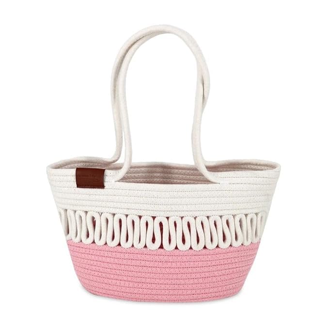 BEAUTIFUL HOMMIES Attractive Hand Bag |large Tote Bag |Summer Bag | Bucket Bag | Basket Bag | Bamboo Tote | Beach Bags for Women|Boho Bag|Handbag |Jute Bag |Handmade Bag (PINK WHITE)